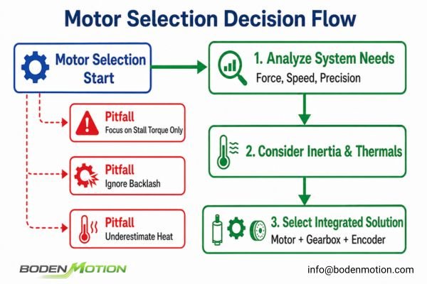 Robotic Motor Selection Troubleshooting Flowchart A flowchart diagram illustrating common motor selection pitfalls and the correct decision-making path for robotic actuators.