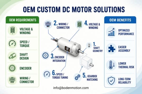 BODENMOTION OEM Custom Motor Capabilities A diagram showcasing BODENMOTION's OEM motor customization capabilities