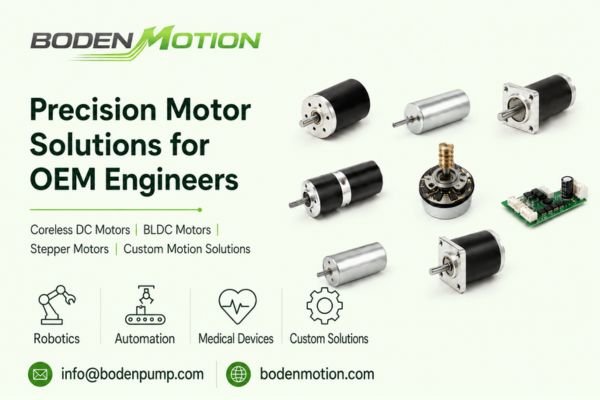 The BODENMOTION company logo and a collage of their precision motors