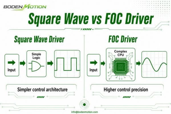 A diagram comparing the control logic of a square wave driver versus a field-oriented control (FOC) driver