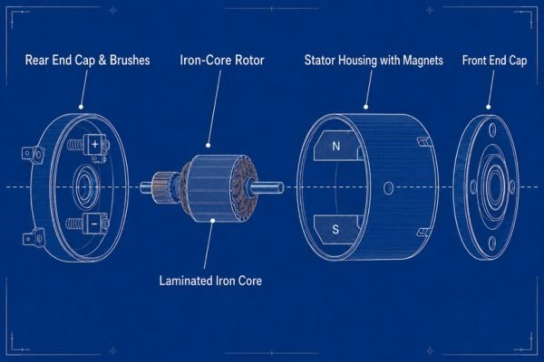 Standard Brushed DC Motor Construction An exploded view showing the iron-core rotor, brushes, and stator of a standard brushed DC motor