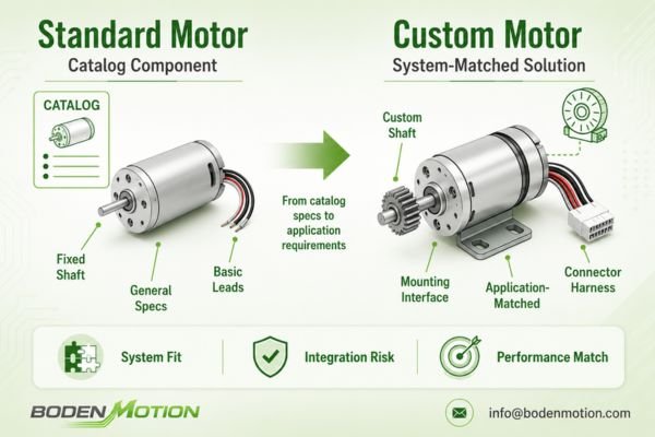Comparison of Standard DC Motor and Custom DC Motor A standard catalog DC motor next to a custom DC motor with a specialized shaft and wiring harness