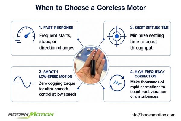 Application examples showing medical devices, laboratory automation, precision dispensing systems, and compact automation equipment using coreless motors