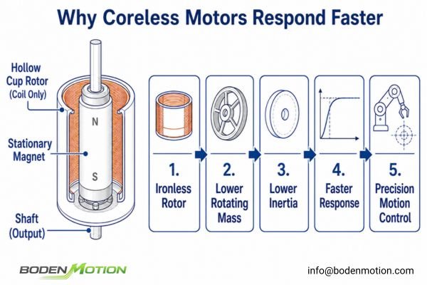 Coreless Motor vs Standard DC Motor Structure A cutaway comparison showing the internal structure of a coreless DC motor versus a standard iron-core DC motor