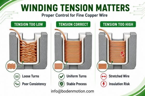 An illustration of proper vs. improper winding tension on a thin copper wire, showing potential insulation damage