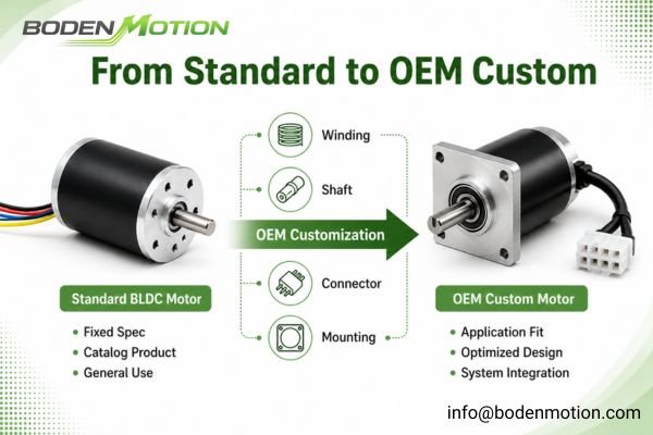 A standard BLDC motor alongside a custom OEM motor with a unique flange and connector