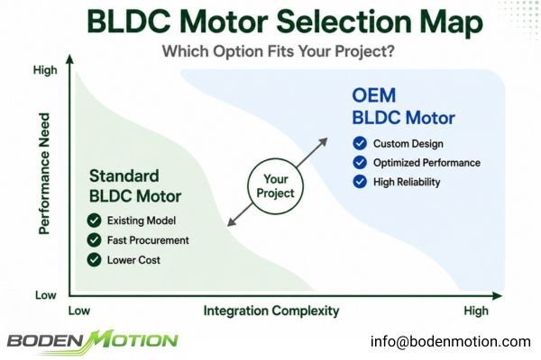 A decision tree guiding the choice between a standard and an OEM custom BLDC motor