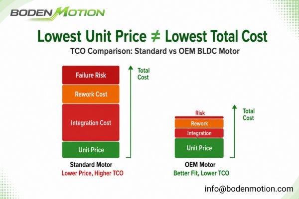 Chart comparing the total cost of ownership for a standard vs. an OEM custom BLDC motor