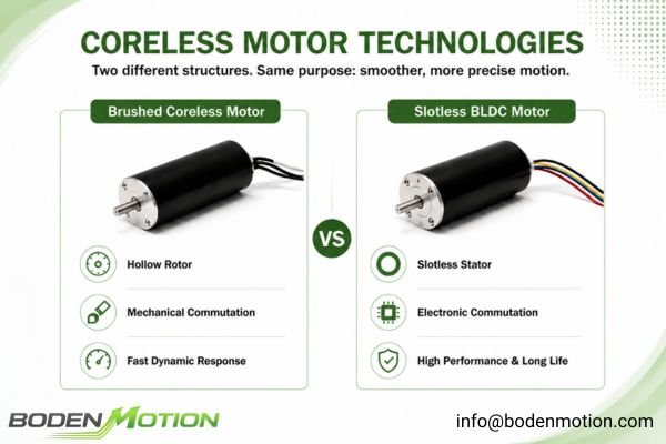 A diagram comparing the construction of a brushed coreless rotor with a brushless slotless stator