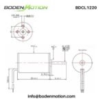 BDCL1220 coreless brushless DC motor dimension drawing with shaft size, body length, mounting holes, and sensorless wire layout