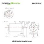 BDCB1626 coreless DC motor dimension drawing with shaft size, body length, mounting holes, and terminal layout