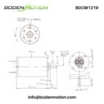 BDCM1219 coreless DC motor dimension drawing with shaft size, mounting holes, body length, and terminal layout