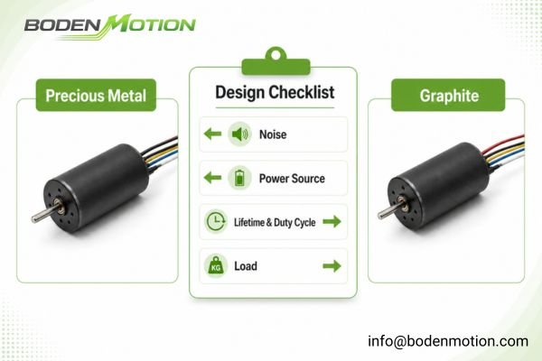 An engineer comparing two coreless motors and a design checklist
