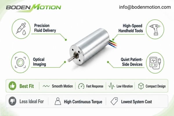 A collage of medical devices suitable for coreless motors, including an infusion pump, surgical tool, and lab analyzer