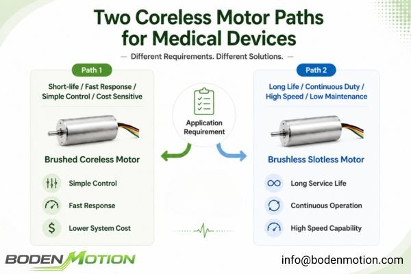A side-by-side comparison of a brushed coreless motor and a brushless slotless motor for medical device selection
