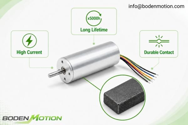 Detailed view of a graphite brush and commutator assembly in a coreless motor