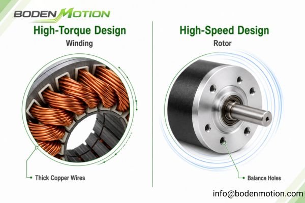BLDC Motor Winding and Rotor Design Differences A side-by-side comparison of a high torque motor winding and a high speed motor rotor