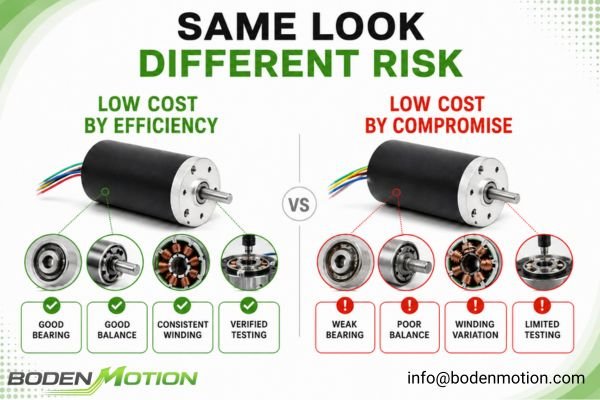 a failed cheap mini BLDC motor showing bearing wear and burn marks