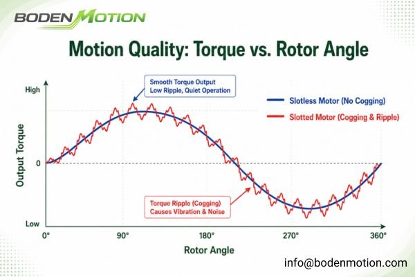 A graph comparing the smooth torque output of a slotless motor to the rippled output of a slotted motor