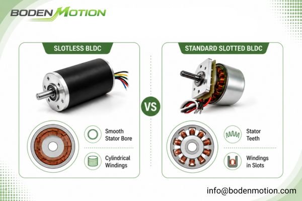A comparison diagram of slotless vs standard slotted BLDC motor cross-sections