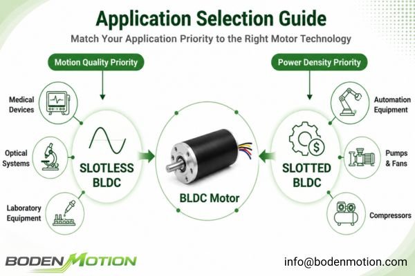 A decision-tree graphic showing application requirements leading to either slotless or slotted motors