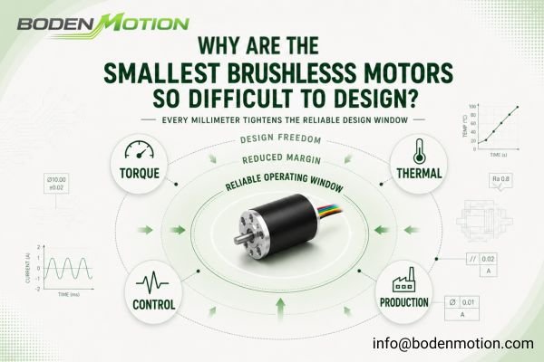 Smallest brushless motor design challenges involving torque, thermal management, control, manufacturing, and reliability limits