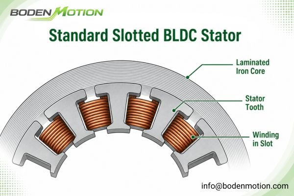 Cross-section of a standard slotted BLDC motor showing windings inside stator slots