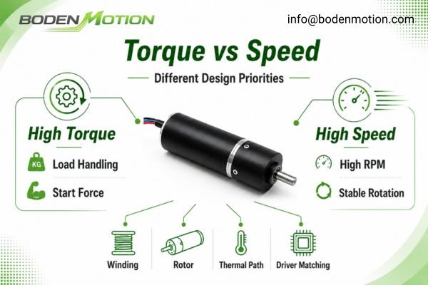 High Torque vs High Speed BLDC Motor Design A comparison infographic showing a high torque BLDC motor next to a high speed BLDC motor