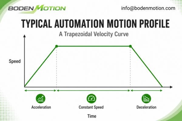 An illustration of a typical automation motion profile with acceleration, constant speed, and deceleration phases