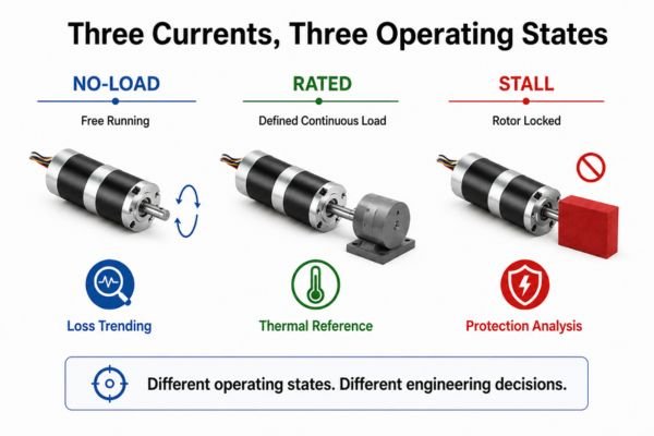 A BLDC motor torque/current operating curve with clearly marked No-Load, Rated, and Stall states