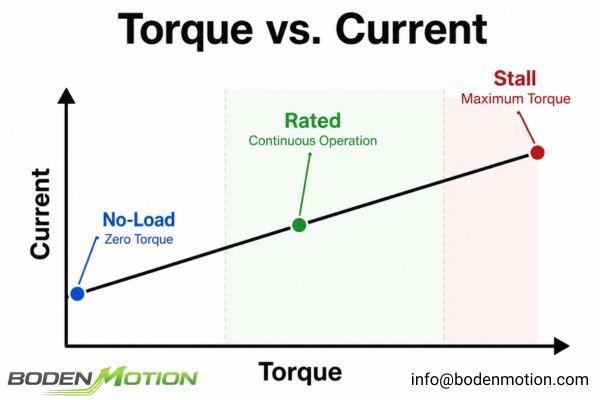 A graph showing the relationship between motor torque and current, highlighting no-load, rated, and stall points