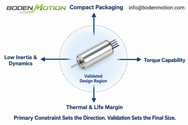 A flowchart guiding coreless motor size selection based on application priorities