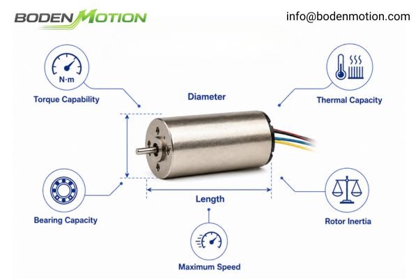 An exploded view of a DC coreless motor showing its diameter and length