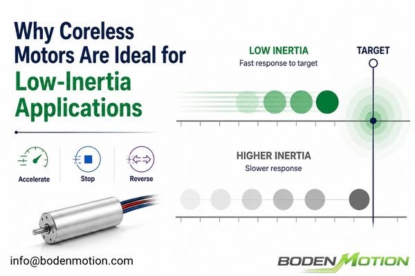 Low inertia coreless motor providing fast acceleration deceleration and direction reversal for dynamic motion applications