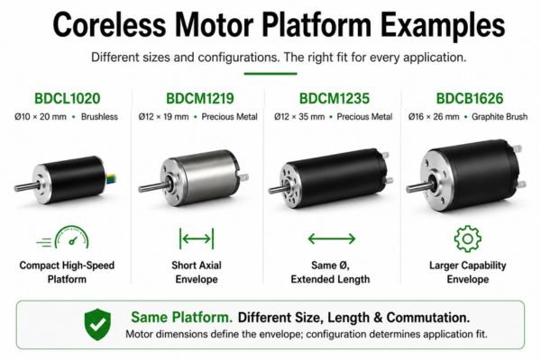 A collage of different BODENMOTION coreless motor sizes