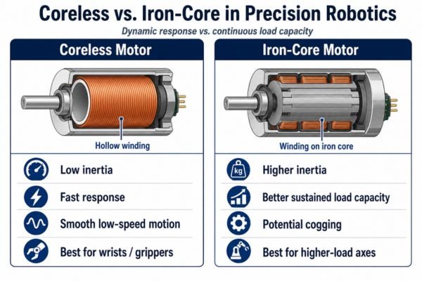 A side-by-side comparison of a coreless motor and a traditional iron-core motor highlighting structural differences