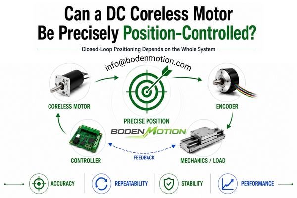 DC coreless motor closed loop position control system with encoder controller mechanics and feedback