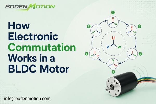 BLDC motor electronic commutation sequence showing controller switching phases and rotating magnetic field