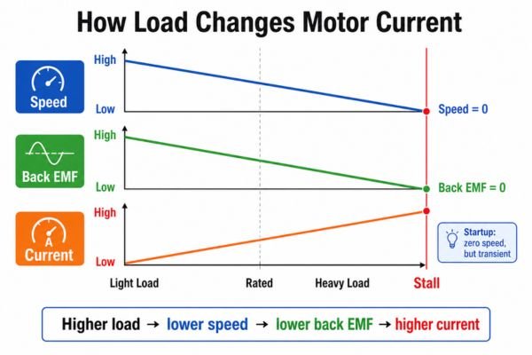 A graph showing how back EMF increases with speed, opposing the supply voltage and affecting current draw