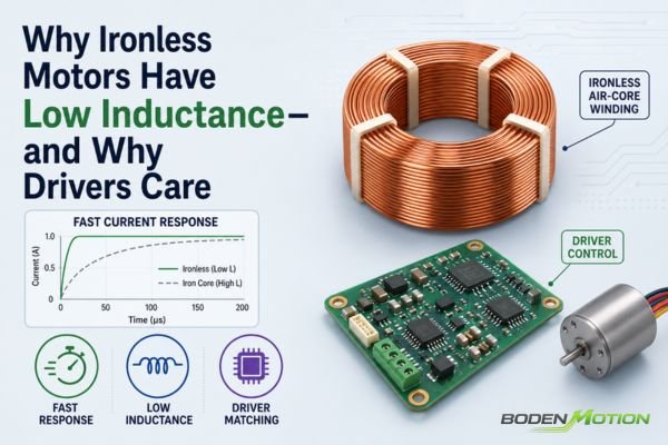 Ironless coreless motor low inductance winding design with driver controller and fast current response