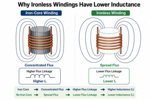 A cross-section comparing an ironless motor winding with a traditional iron-core motor winding