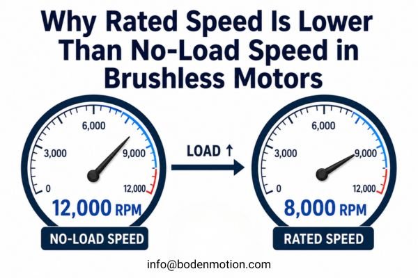 Brushless motor no-load speed and rated speed comparison showing RPM decrease when load is applied