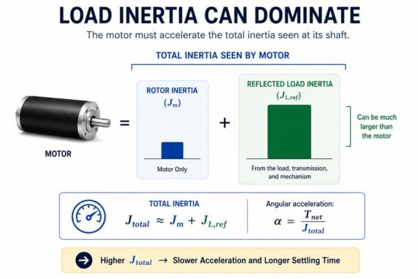 A robotic arm with a compact motor at the joint, lifting a heavy payload, illustrating the concept of load inertia.