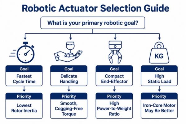 A flowchart showing how different robotic requirements lead to prioritizing different motor characteristics like inertia, size, or torque