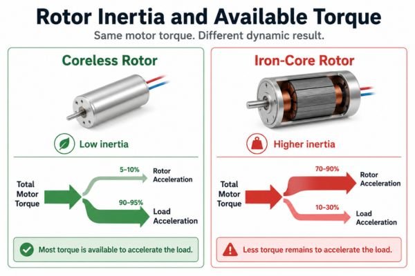A diagram comparing the torque required to accelerate a low-inertia coreless rotor versus a high-inertia iron-core rotor