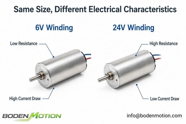 Two coreless DC motors of the same size with different winding specifications shown.