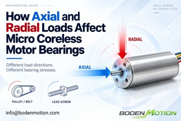 Micro coreless motor bearing with axial and radial shaft load forces from pulley belt and lead screw applications