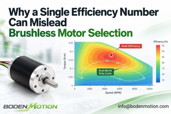 Brushless motor efficiency map showing why peak efficiency alone can mislead motor selection for a real duty cycle