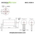 BDCL1636-H coreless brushless DC motor dimension drawing with Hall sensor wiring and sensorless configuration
