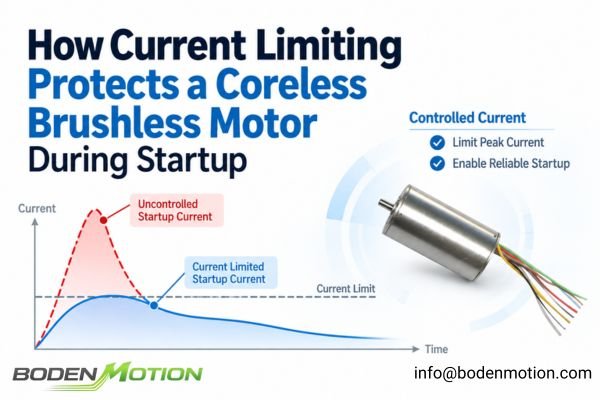 Coreless brushless motor startup current limiting showing controlled current ramp for reliable acceleration and motor protection